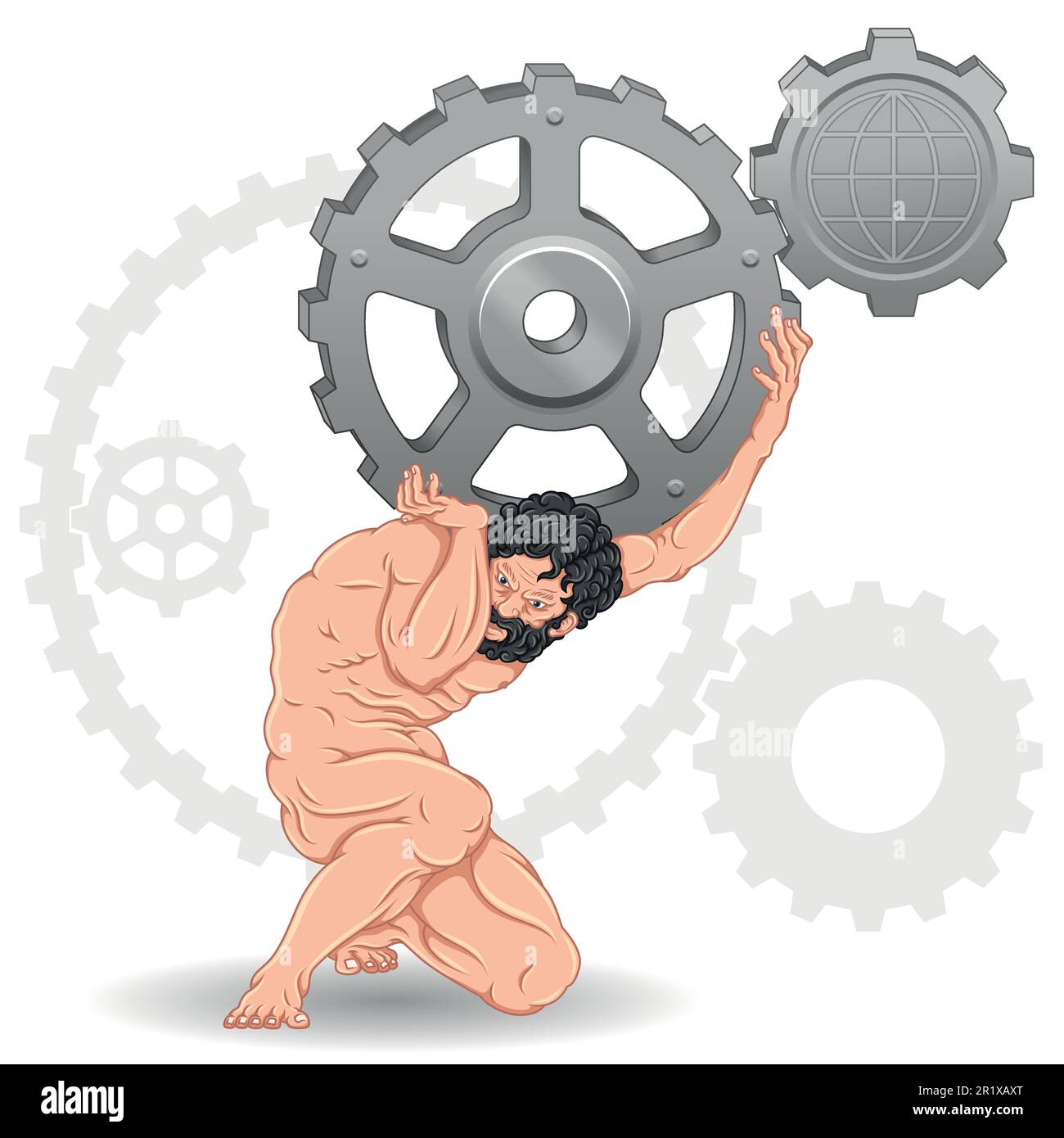 Vektordesign von titan Atlas mit Zahnrädern auf den Schultern, titan aus der griechischen Mythologie mit Zahnrädern Stock Vektor