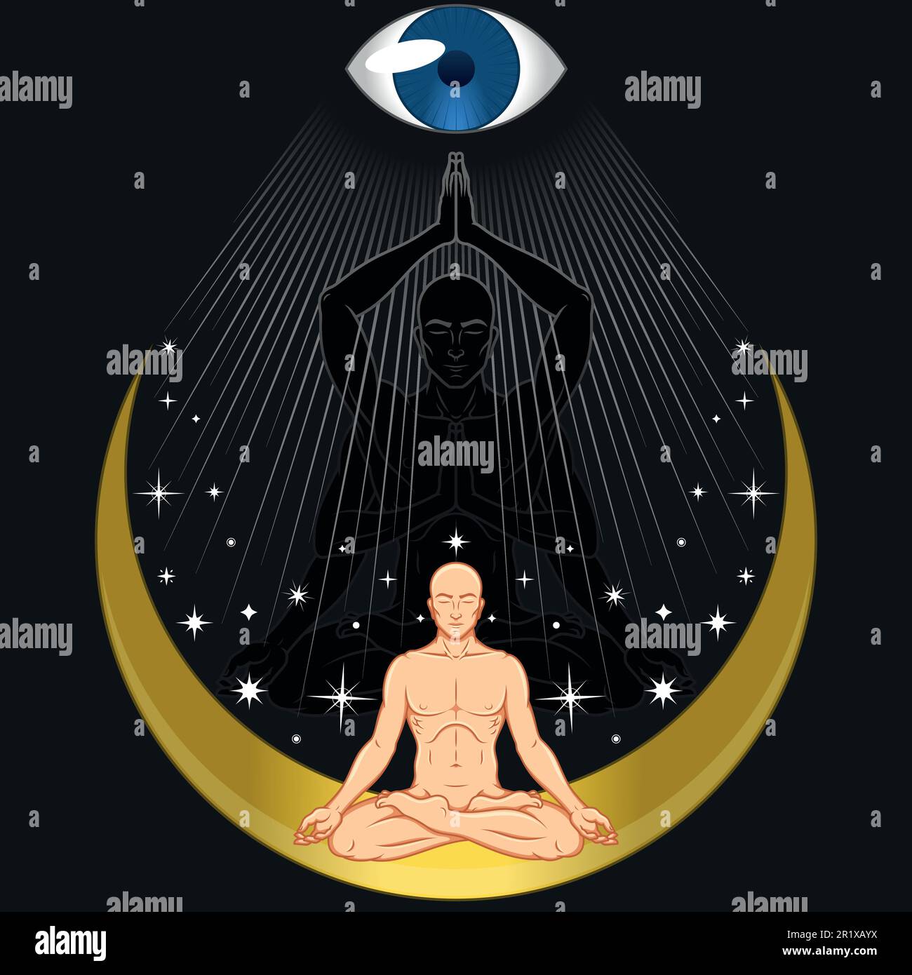 Vektordesign eines Mannes, der in Lotusposition meditiert, Mann, der auf eine höhere Ebene übergeht, Mann, der Yoga auf einer mittleren mit allen Augen macht Stock Vektor