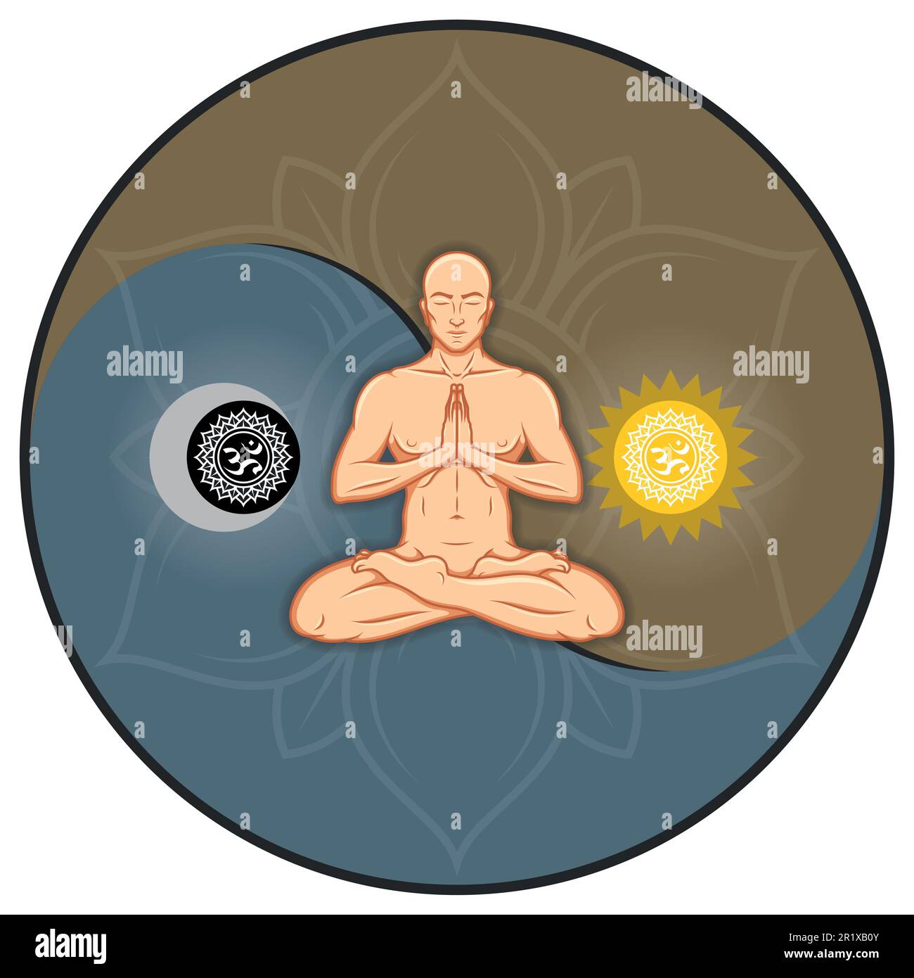 Vektordesign eines Mannes, der in Lotusposition meditiert, Mann, der Nirwana in eine höhere Ebene überwindet, Mann, der Yoga mit Yin Yang-Symbol im Hintergrund macht Stock Vektor