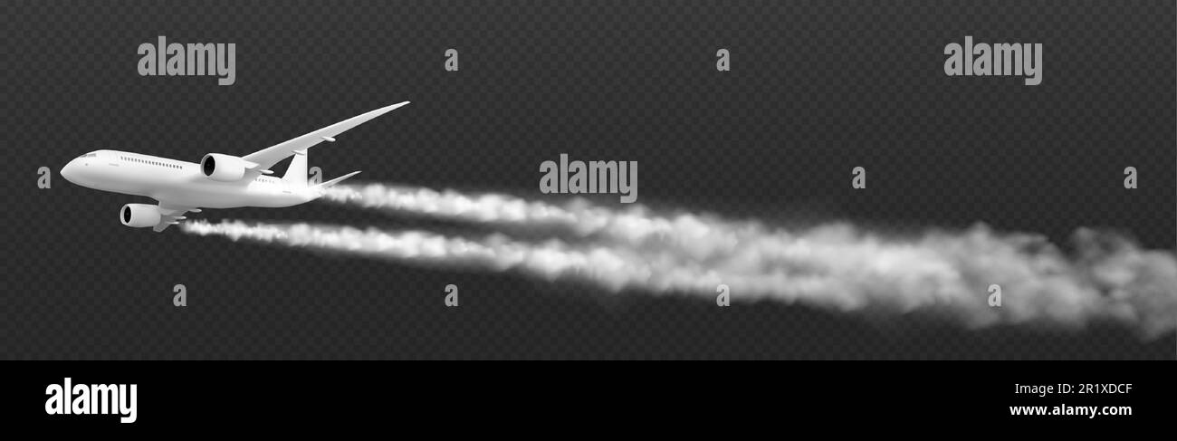 Realistisches 3D-Flugzeug mit isolierter Kondensationsspur auf transparentem Hintergrund. Vektordarstellung eines weißen Flugzeugmodells für Passagier-, Fracht- und internationale Postzustellung Stock Vektor