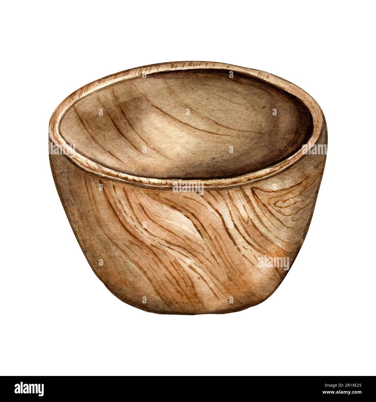 Einzelne Holzschüssel Aquarell-Darstellung isoliert auf Weiß. Küchenutensil aus Holz, leeres Geschirr von Hand gezeichnet. Design-Element für Cookbook, Resipe, ber Stockfoto