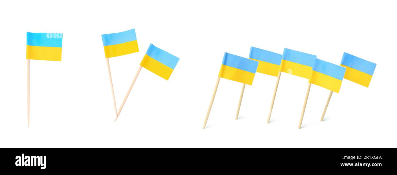 Zahnstocher mit ukrainischen Flaggen auf weißem Hintergrund. Bannerdesign Stockfoto