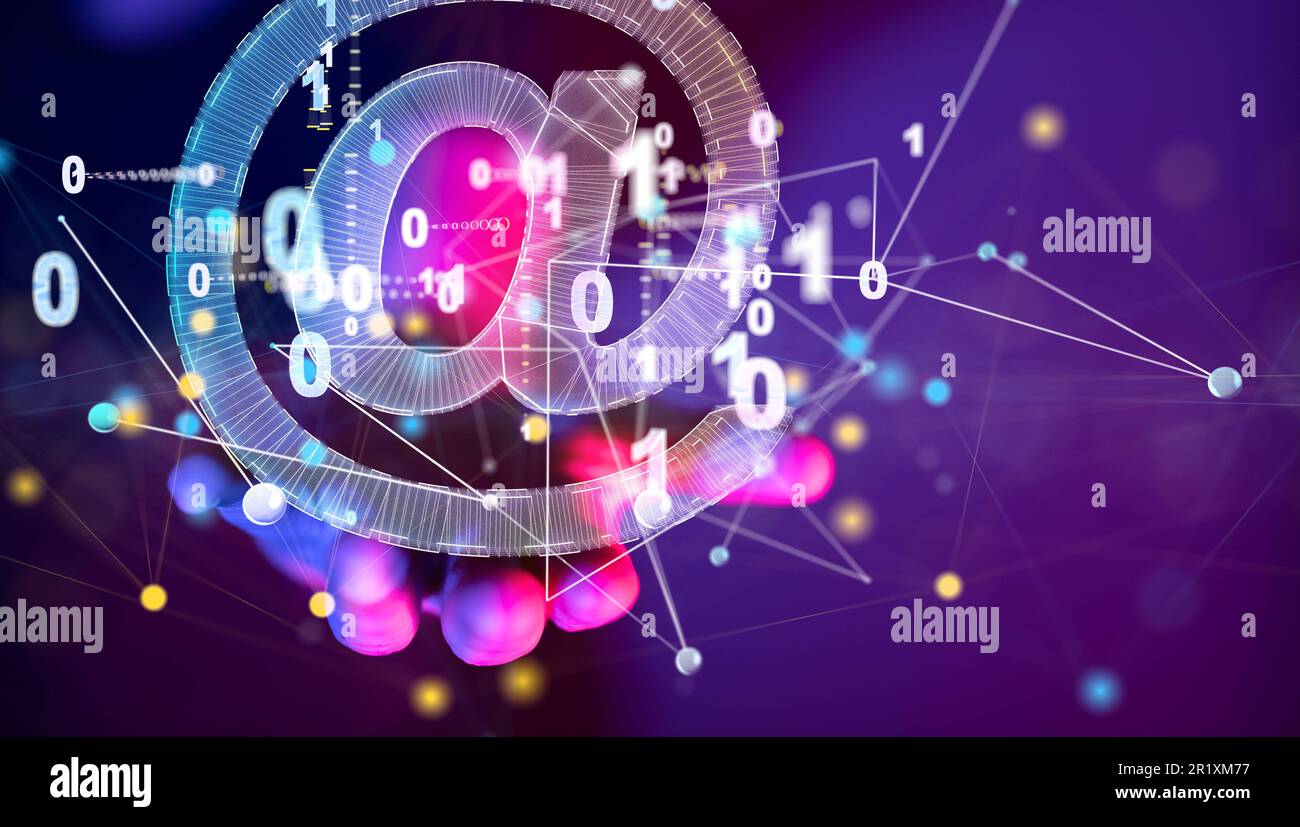 Eine ikonische Darstellung des Internets im 3D-Design mit einem leuchtend blauen kugelförmigen Symbol auf einer Reihe von bunten Kreisen Stockfoto