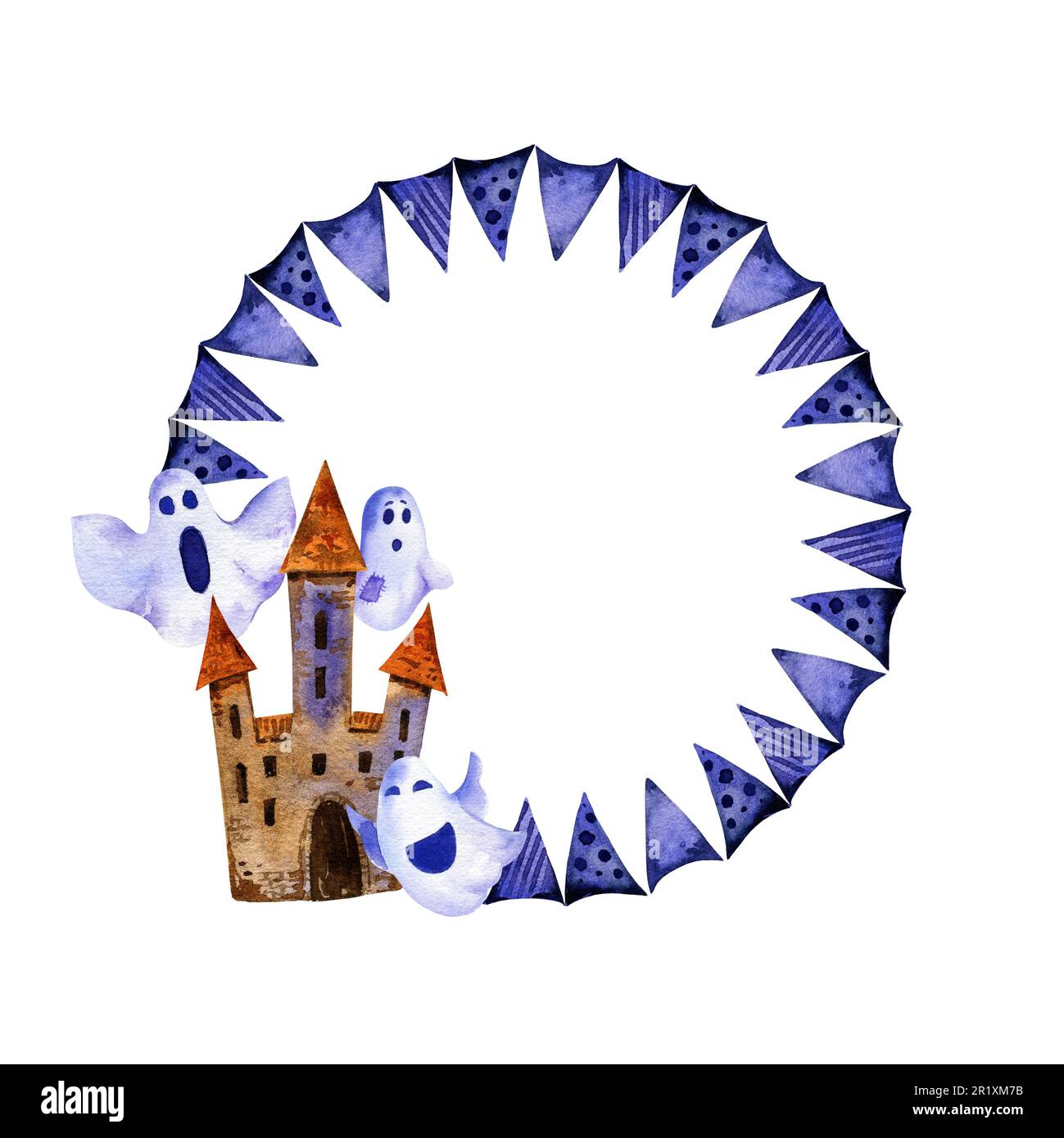 Aquarell Violett runder Rahmen von halloween-Thema mit Turm, lustigem Geist, lila Flaggen, handgezeichneter Skizze, lilafarbener Kranz isoliert auf weißem Hintergrund. Stockfoto