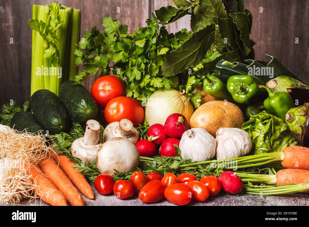 Stillleben auf der Grundlage von Gemüse wie Sellerie, Porree, Tomaten, Paprika, Karotten, Pilze, Auberginen, Kartoffeln, Zwiebeln, Knoblauch, Gurke und Radieschen Stockfoto