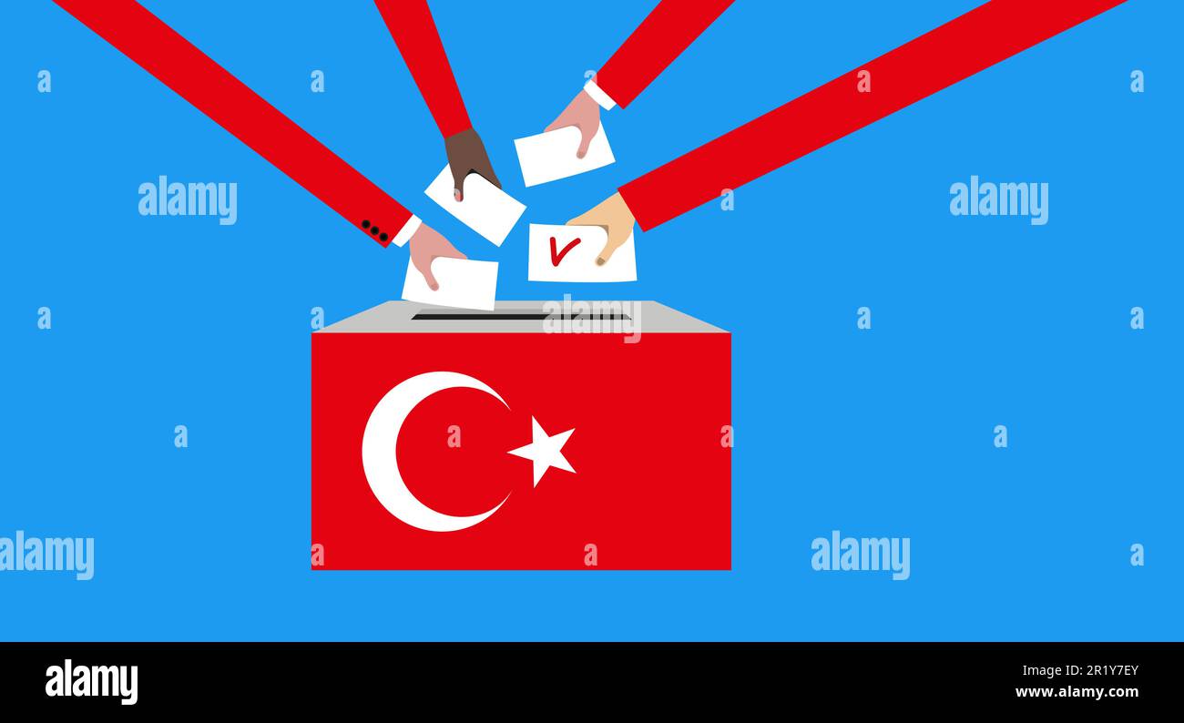 Das Konzept der Wahl in der Türkei. Hände werfen Wahlzettel mit der türkischen Flagge in die Wahlurne. Stock Vektor