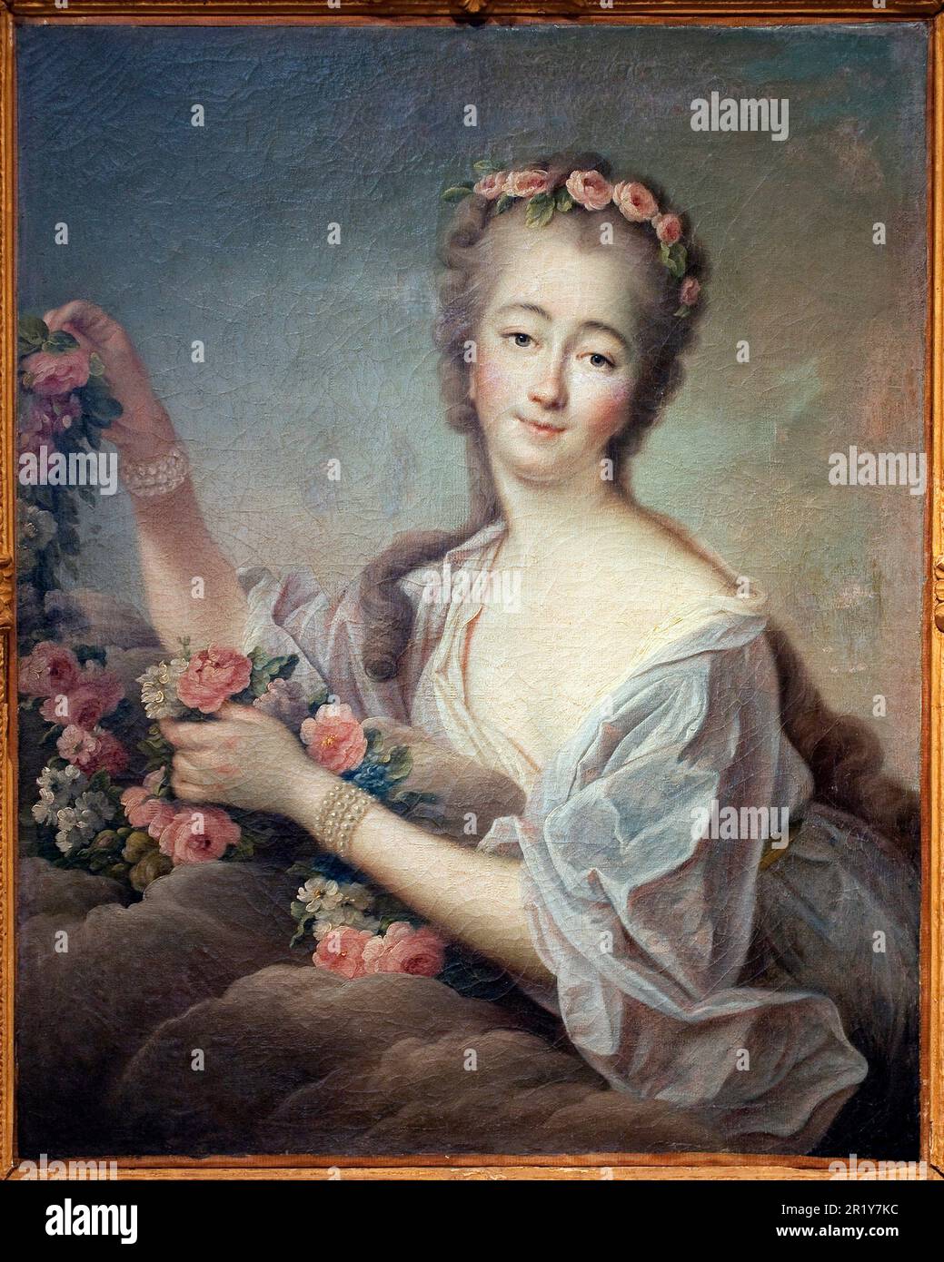 Portrait de Madame du Barry en Flore (Jeanne BeCu, comtesse (ou madame) du Barry (1743-1793) - Peinture de Francois Hubert Drouais (1727-1775), huile sur toile, 1774 - Art francais 18e Siecle - Musee des Beaux Arts d'Agen Stockfoto