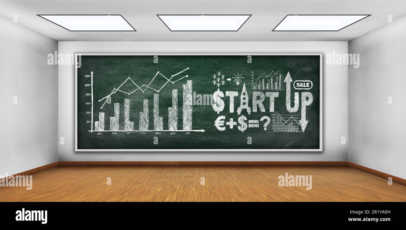 Startkonzept auf grüner Kreidetafel zeichnen Stockfoto