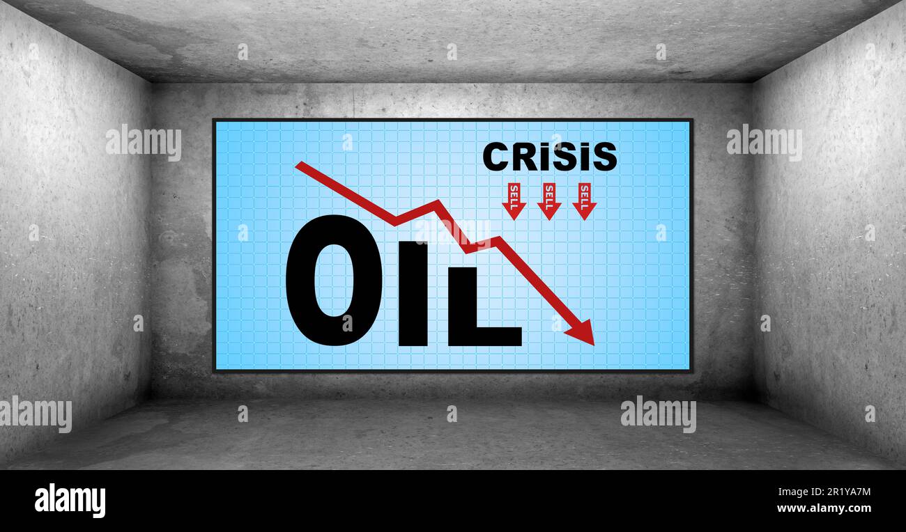 Betonraum und tv-Bildschirm mit Diagramm der Ölkrise Stockfoto