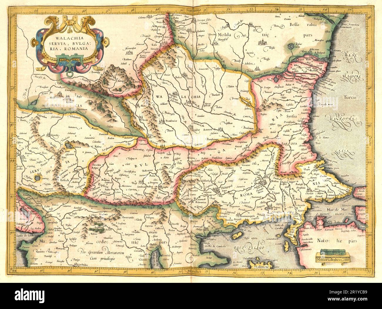 Atlas, Karte von 1623, Walachei, Serbien, Bulgarien, Rumänien, digital restaurierte Reproduktion einer Gravur von Gerhard Mercator, geboren als Gheert Cremer, 5. März 1512 - 2. Dezember 1594, Geografin und Kartographin / Landkarte aus dem Jahre 1623, Walachei, Serbien, Bulgarien, Rumänien, Digital Restaurierte Reproduktion von einem Kupferstich von Gerhard Mercator, geboren als Gheert Cremer, 5. Vom 1512. Bis 2. März. Dezember 1594, Geograph und Kartograf Stockfoto