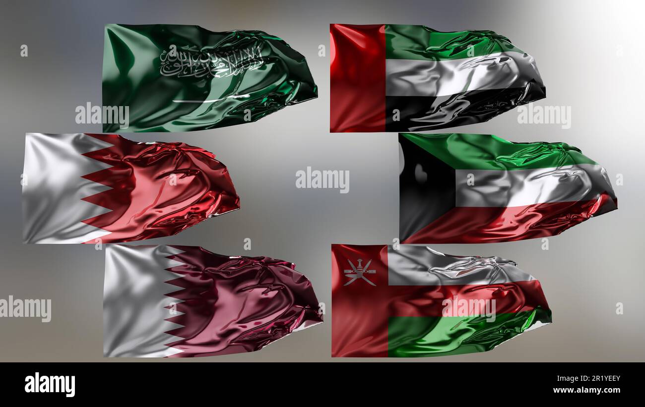 Flaggen des Golf-Kooperationsrates, die im Wind winken, GCC-Nationalflaggen, Stoffstruktur, Nahaufnahme, Alpha-Kanal, VAE, Katar, Saudi-Arabien, Kuwait, Stockfoto