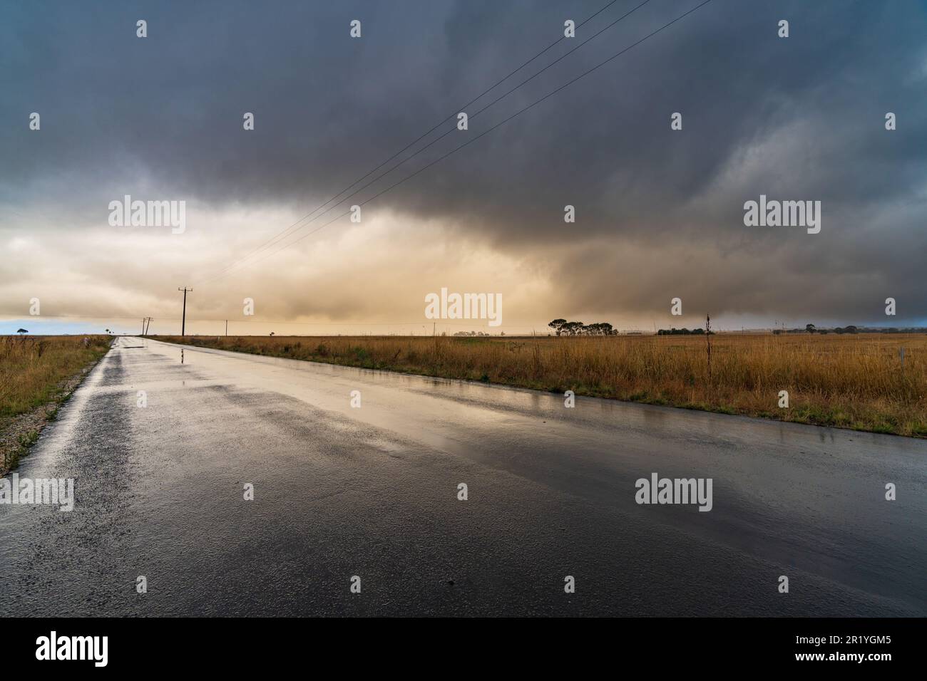 Blick auf eine nasse Landstraße in Richtung Sturmfront am Moolort in Central Victoria, Australien Stockfoto