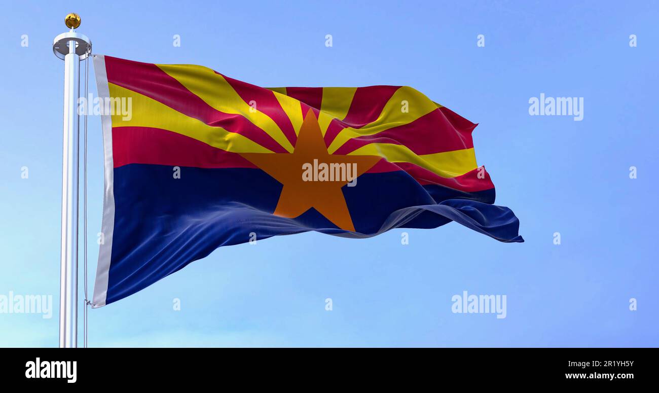 Die Flagge Arizonas, die an klaren Tagen im Wind winkt. Kupferstern, 13 rote und gelbe Strahlen und eine blaue untere Hälfte. Rendern der 3D-Darstellung. Flattern Stockfoto