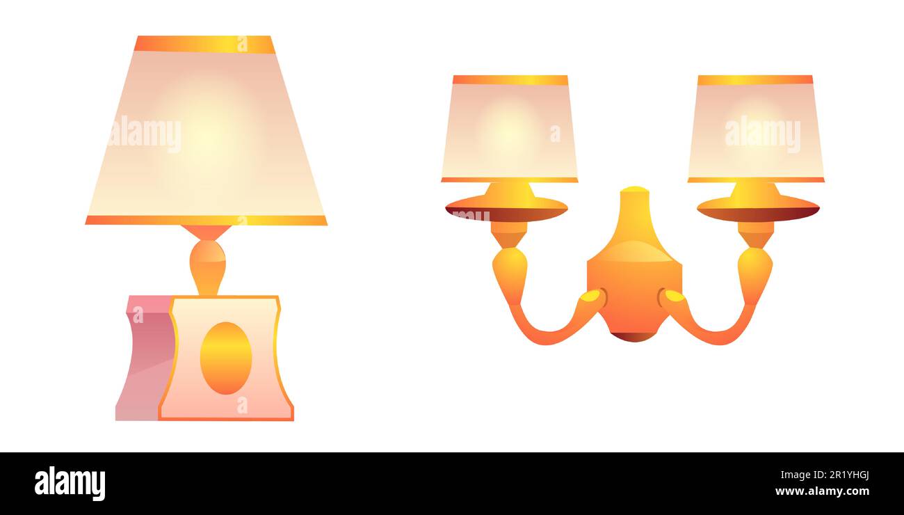 Wand- und Tischlampen mit Lampenschirm. Vector Vintage Gold Sconce und Schreibtischleuchte. Cartoon Home alte klassische Lampen für Wohn- oder Schlafzimmer isoliert auf weißem Hintergrund Stock Vektor