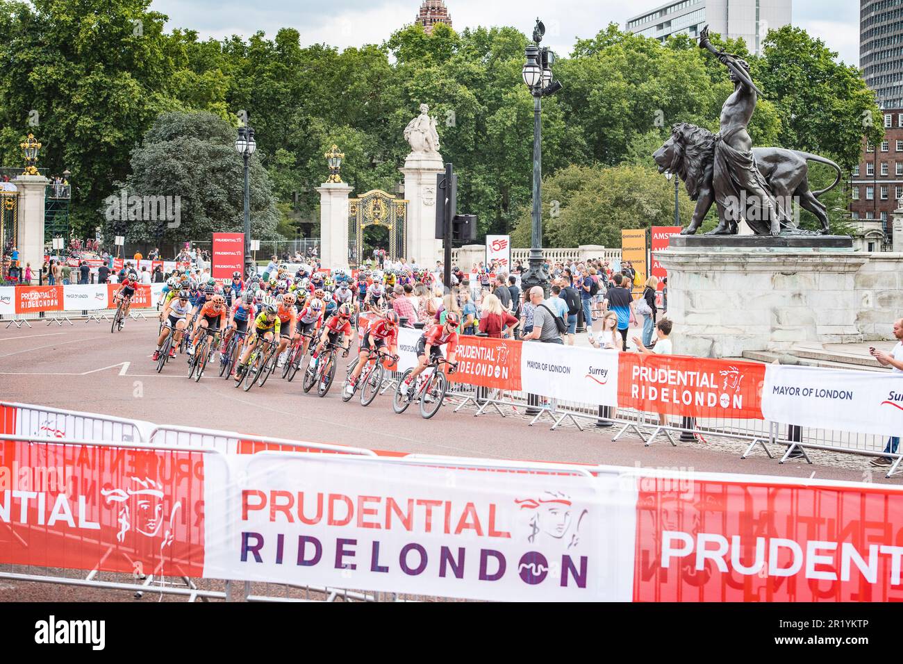 Elite-Frauen-Rennen beim potentiellen RideLondon, 2019, in den Straßen Londons in der Nähe des Einkaufszentrums Buckingham Palace Birdcage Walk Stockfoto