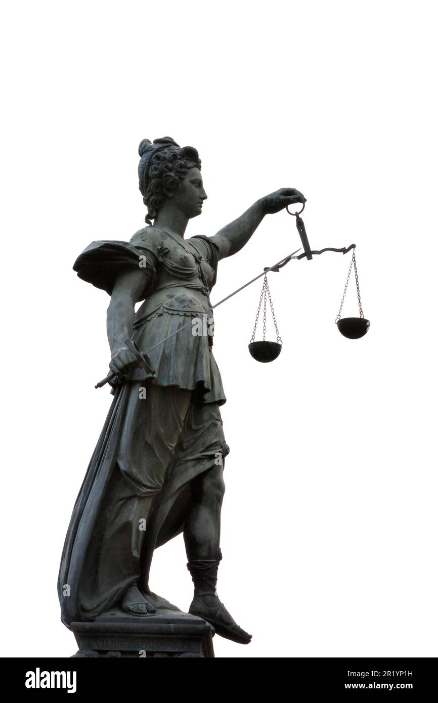 Justitia (Lady Justice) Skulptur auf dem Roemerberger Platz in Frankfurt, erbaut 1887, Innenstadt, Frankfurt am Main, Hessen, Deutschland Stockfoto