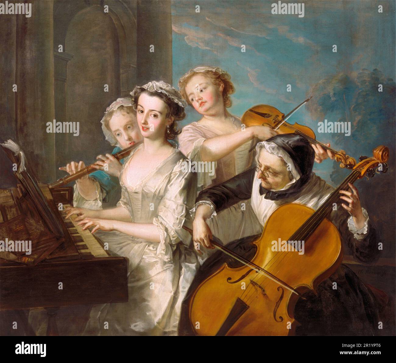 The Sense of Hearing, Hearing, Group of Four Women with Musical Instruments, Making Music, Mainting von Philippe Mercier (1689-1760), Philippe Mercier (1689-1760), Historische, digital restaurierte Reproduktion eines historischen Originals / der Hörsinn, Hören, Gruppe aus vier Frauen mit Musikinstrumenten, Musizieren, Gemälde von Philippe Mercier (1689-1760), Philippe Mercier (1689-1760), Historischer Musiker, Digitale Restaurierte Reproduktion einer historischen Vorlage Stockfoto