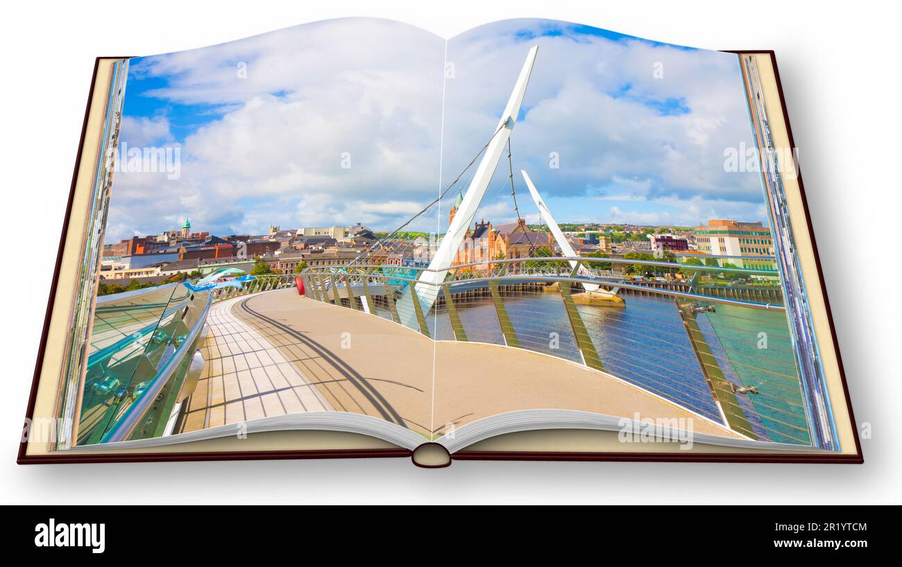 Die Skyline von Derry City (auch Londonderry genannt) in Nordirland mit der berühmten 'Peace Bridge' (Europa - Nordirland) - 3D Renderconce Stockfoto