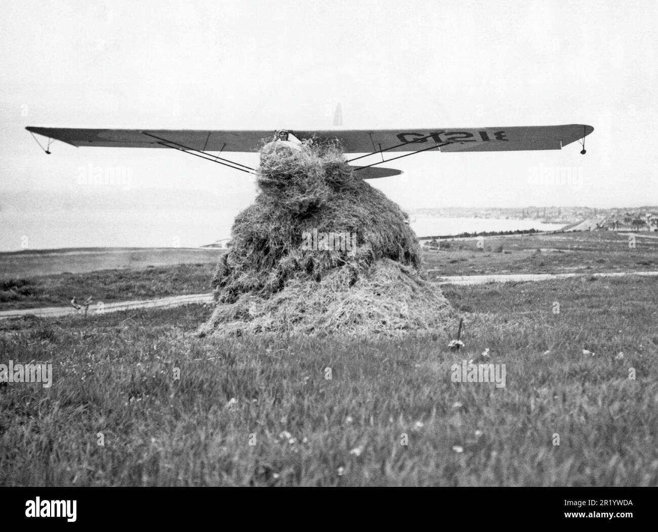 In den 1930er Jahren. Ein Gleitflugzeug ist gelandet, und sehr weich, direkt in einen Heuhaufen. Der Pilot wird im Cockpit gesehen. Ein Gleiter ist ein Flugzeug ohne Motor. Sie wird gestartet, indem sie von einem normalen Flugzeug vom Boden aus in die Luft geschleppt wird. In der richtigen Höhe wird das Seil zwischen den beiden Flugzeugen getrennt, und das Segelflugzeug segelt im Wind, solange der Pilot denkt, dass es sicher ist, kontrolliert landen zu können. Manchmal, wie dies der Fall ist, kann jedes Feld oder jeder offene Bereich für die Landung genutzt werden. Die Einzelheiten des Ortes oder des Piloten sind nicht bekannt. 1936 Stockfoto