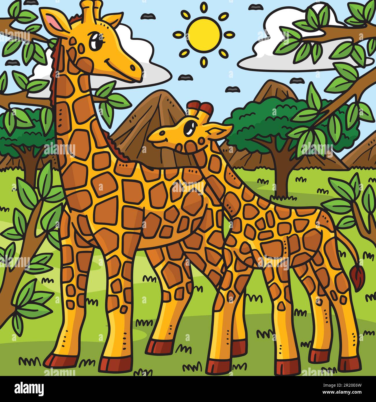 Mutter Giraffe und Baby Giraffe, farbiger Cartoon Stock Vektor