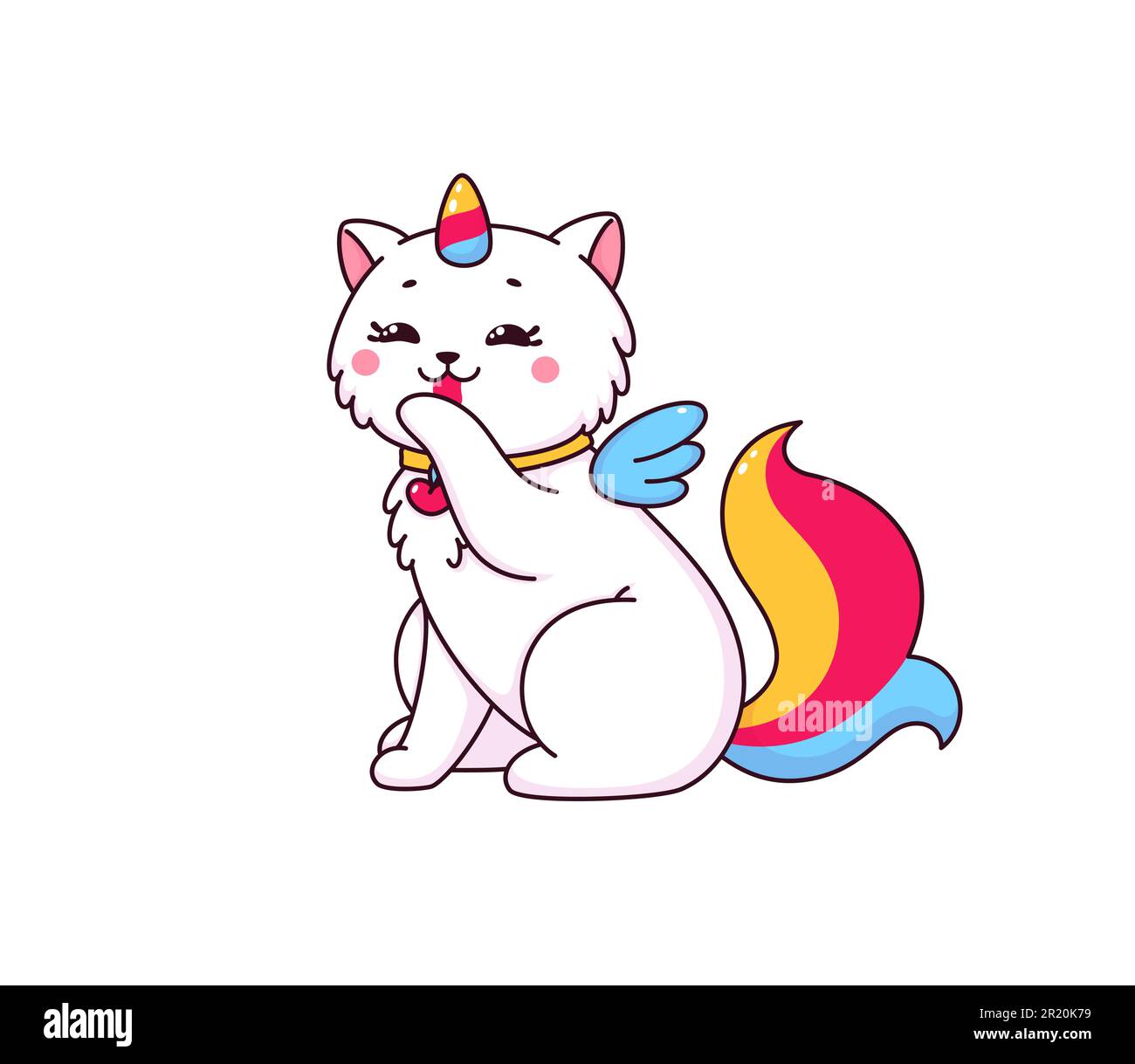 Cartoon niedliche Caticorn-Figur mit Regenbogen-Einhorn und Schwanz, der seine Pfote leckt. Vektormagie Katze oder flauschige weiße Kätzchen Person, die sich selbst mit Zunge reinigt. Kawaii caticorn Tieremoticon Stock Vektor