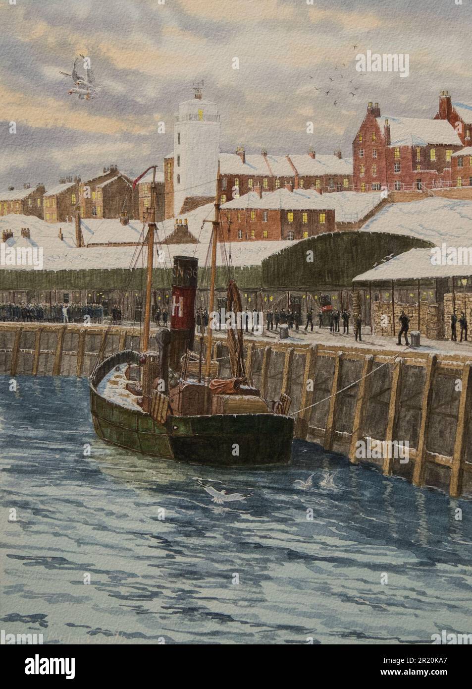 Eine Reihe von Aquarellen von Mike Smith, einem Künstler von Cullercoats in Nordostengland. Mike war jahrelang Fischer und arbeitete an Cobles und Trawlern. Stockfoto