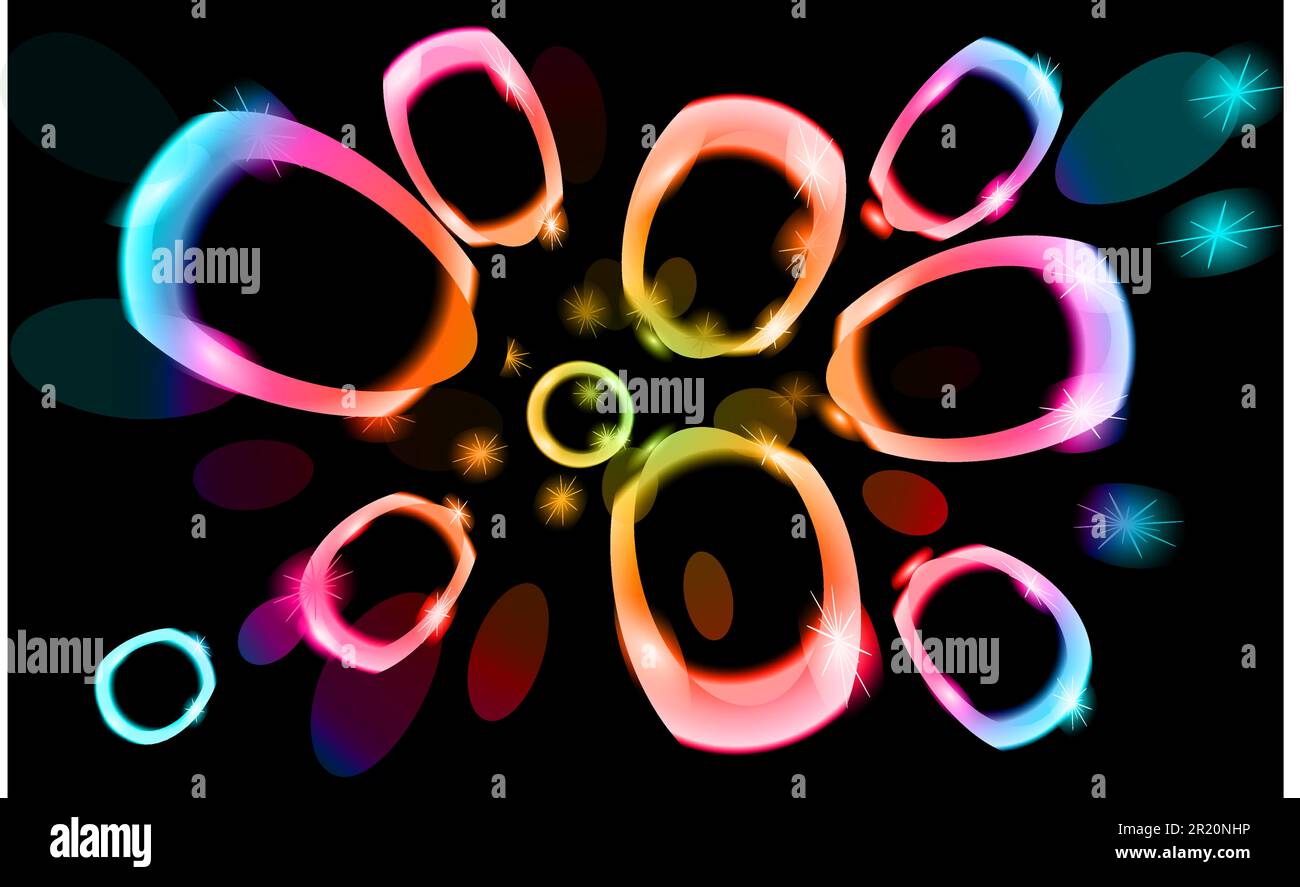 Abstrakte Textur von ungewöhnlichem, wunderschönem Licht, leuchtenden, hellen Kreisen von Ovarien energiegeladener magischer Neonfarbe, mehrfarbig schillernd mit Bokeh effektiv Stock Vektor
