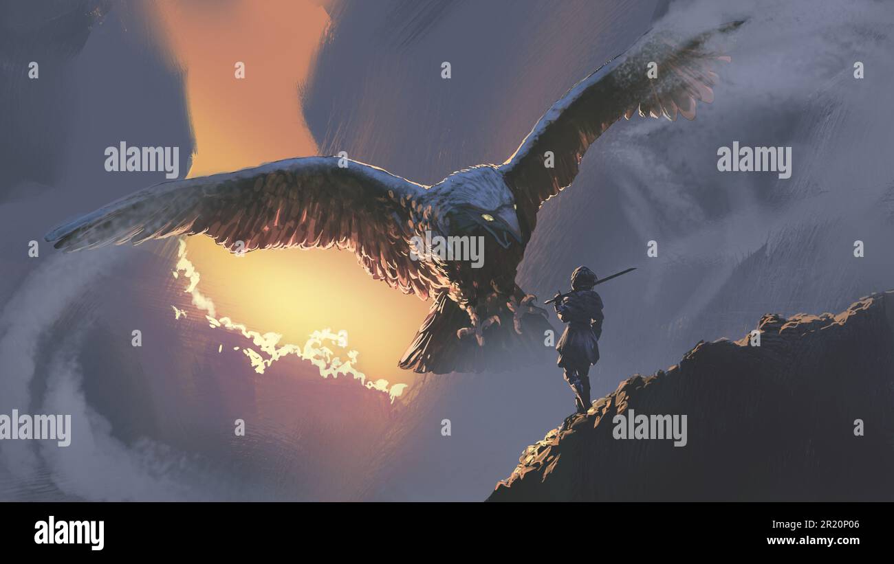 Der Riesenadler fliegt auf die Kriegerin zu, digitaler Kunststil, Illustrationsmalerei Stockfoto