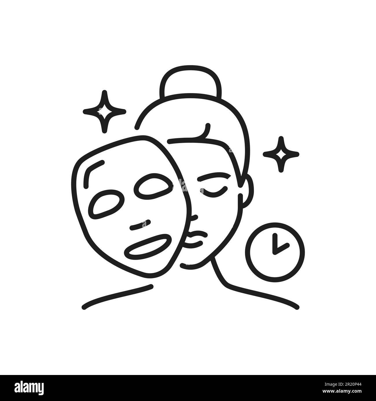 Gesichtsmaskensymbol, Gesichtspflege und Kosmetik, Piktogramm mit Vektoranweisung. Frauen Hautpflege und Gesichtsbehandlung Gesichtsmaske Symbol mit Uhr für Anti-Aging und feuchtigkeitsspendende Gesichtsmaske Paket Stock Vektor