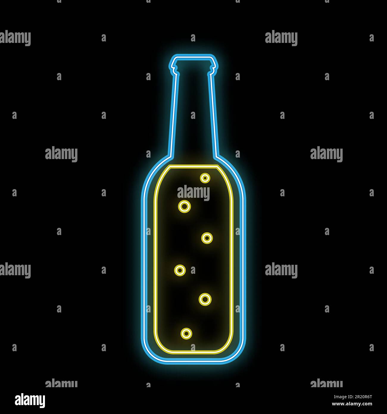 Ein einfaches abstraktes Neon leuchtend blau leuchtendes Symbol, ein Schild für eine Bar aus einer halben Liter Bierflasche mit Craft-Bier mit Bläschen und Copy Spa Stock Vektor