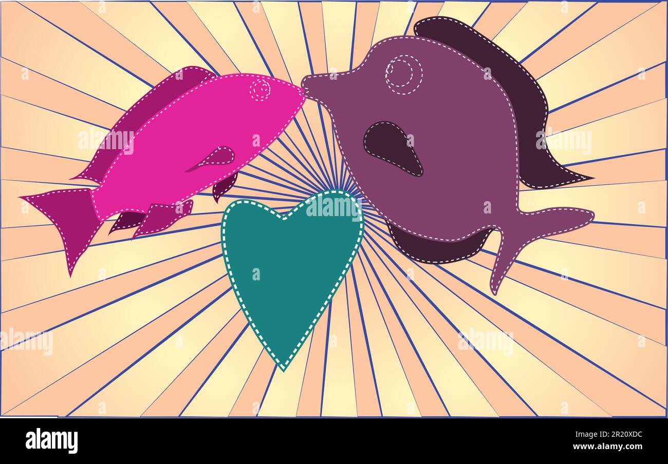 Zwei liebenswürdige küssende Fische und Herzen des Meerwassers auf dem Hintergrund abstrakter gelber Strahlen. Vektordarstellung. Stock Vektor