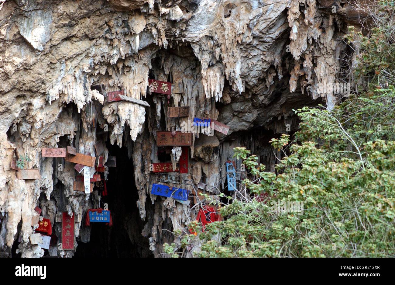 Foto einer Schwalbenhöhle (oder Yanzi Dong) in der Nähe von Jianshui, Präfektur Honghe in der Provinz Yunnan, China, etwa 60 km von der Provinzhauptstadt Kunming entfernt. Es ist bekannt für die Hunderten von Schwalben, die die Höhle zu ihrer Heimat machen, von denen Hunderte im Frühling herumfliegen. Die Höhle ist, wie viele andere in Südchina, auch Heimat von Fledermäusen, die bekanntermaßen viele Viren beherbergen, einschließlich Coronaviren. Ein Virologe und Forscher, Shi Zhengli, der am Wuhan Institute of Virology (WIV) arbeitet, das Teil der Chinesischen Akademie der Wissenschaften ist, gehörte zu einem Team von Wissenschaftlern, die 2 Stockfoto