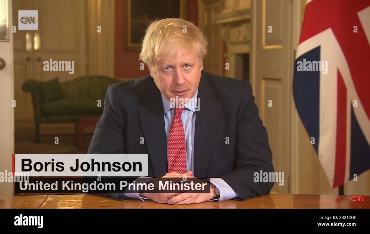 Der britische Premierminister Boris Johnson kündigt die erste nationale Abriegelung während der Coronavirus-COVID-19-Pandemie am 23. März 2020 an. Stockfoto