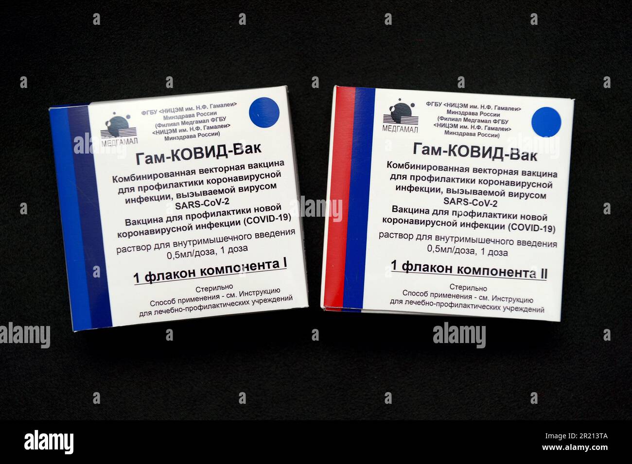 Sputnik V, ein Impfstoff zum Schutz vor COVID-19. Es wurde vom Gamaleya Forschungsinstitut für Epidemiologie und Mikrobiologie entwickelt. Der am 11. August 2020 vom russischen Gesundheitsministerium als Gam-COVID-Vac registrierte Sputnik V ist ein Adenovirus-Virus-Vektorimpfstoff. Mai 2021. Stockfoto