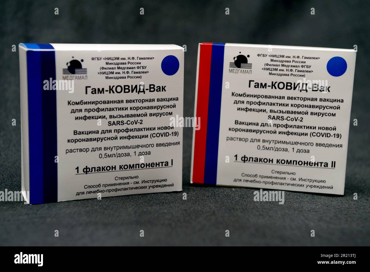 Sputnik V, ein Impfstoff zum Schutz vor COVID-19. Es wurde vom Gamaleya Forschungsinstitut für Epidemiologie und Mikrobiologie entwickelt. Der am 11. August 2020 vom russischen Gesundheitsministerium als Gam-COVID-Vac registrierte Sputnik V ist ein Adenovirus-Virus-Vektorimpfstoff. Mai 2021. Stockfoto