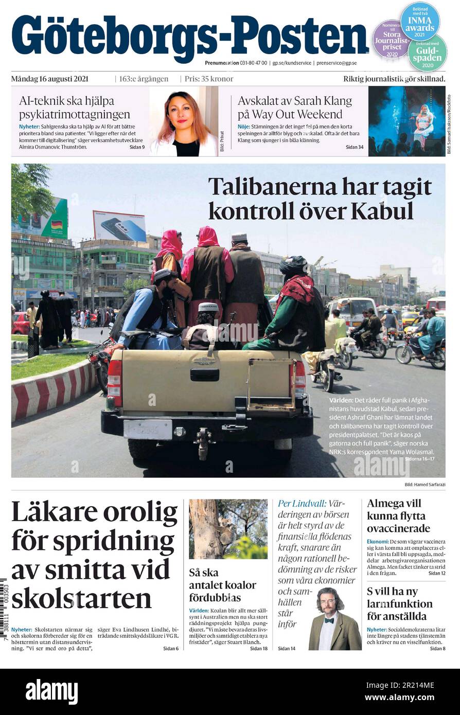 Internationale Zeitungsberichte über den Fall von Kabul 2021, bekannt als der Fall der Islamischen Republik Afghanistan. Die Festnahme der afghanischen Hauptstadt Kabul durch die Taliban am 15. August 2021 war der Höhepunkt einer militärischen Offensive, die im Mai 2021 begann. Die Festnahme der Stadt fand Stunden nach der Flucht von Präsident Ashraf Ghani aus dem Land statt und veranlasste eine internationale Luftfahrt mit fliehenden Zivilisten. Stockfoto