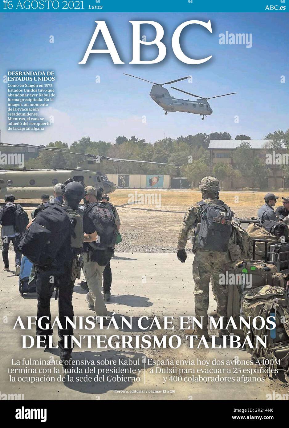 Internationale Zeitungsberichte über den Fall von Kabul 2021, bekannt als der Fall der Islamischen Republik Afghanistan. Die Festnahme der afghanischen Hauptstadt Kabul durch die Taliban am 15. August 2021 war der Höhepunkt einer militärischen Offensive, die im Mai 2021 begann. Die Festnahme der Stadt fand Stunden nach der Flucht von Präsident Ashraf Ghani aus dem Land statt und veranlasste eine internationale Luftfahrt mit fliehenden Zivilisten. Stockfoto