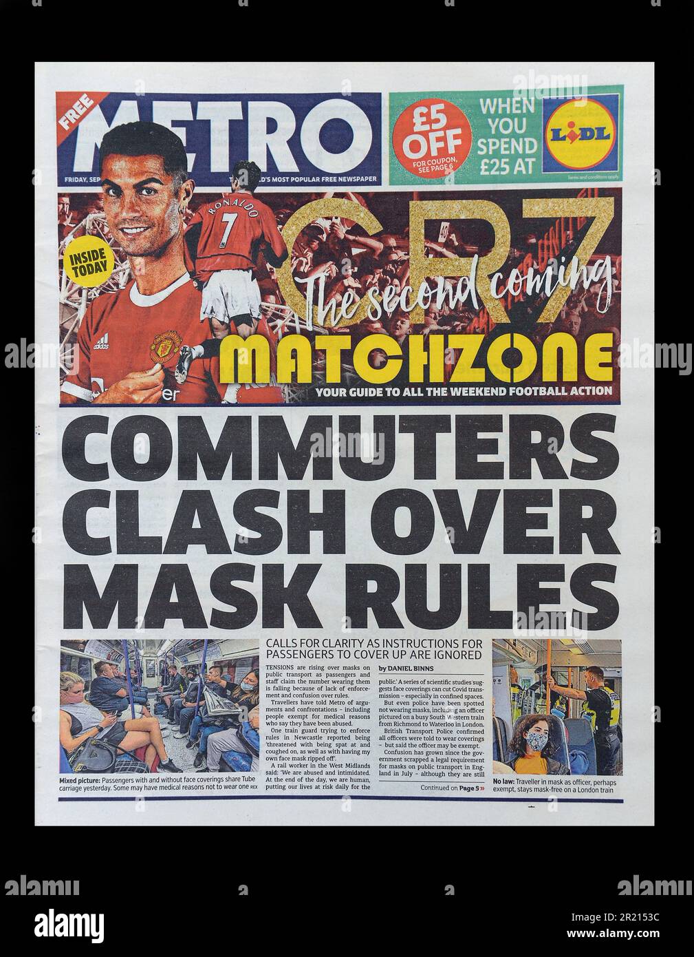 Die Metro vom Freitag, den 10. September 2021, berichtet über steigende Spannungen unter den Fahrgästen, da im öffentlichen Verkehr inmitten der COVID-19-Coronavirus-Pandemie weniger Menschen Masken tragen. Stockfoto