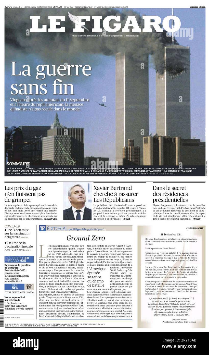 Le Figaro, Zeitung Headline (Frankreich), 12. September 2021, Jahrestag des Jahres 9/11 und die anhaltende Übernahme Afghanistans durch die Taliban. Während des Rückzugs der US- und NATO-Streitkräfte am Ende des Krieges in Afghanistan im Jahr 2001-2021 fanden umfangreiche Evakuierungen ausländischer Bürger und einiger schutzbedürftiger afghanischer Bürger statt. Die Taliban übernahmen die Kontrolle über Kabul und erklärten am 15. August 2021 den Sieg, und die von der NATO unterstützte Islamische Republik Afghanistan brach zusammen. Die Taliban kontrollieren die gesamte Stadt mit Ausnahme des Internationalen Flughafens Hamid Karzai, Stockfoto
