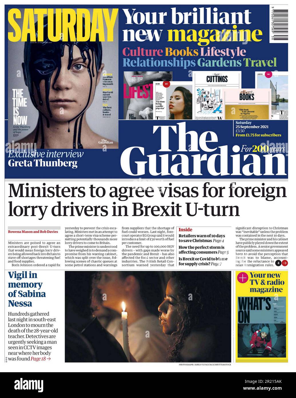 Guardian Zeitung Headline (britisch), 2021. Visa für europäische LKW-Fahrer in Brexit U-Turn September 2021 Stockfoto