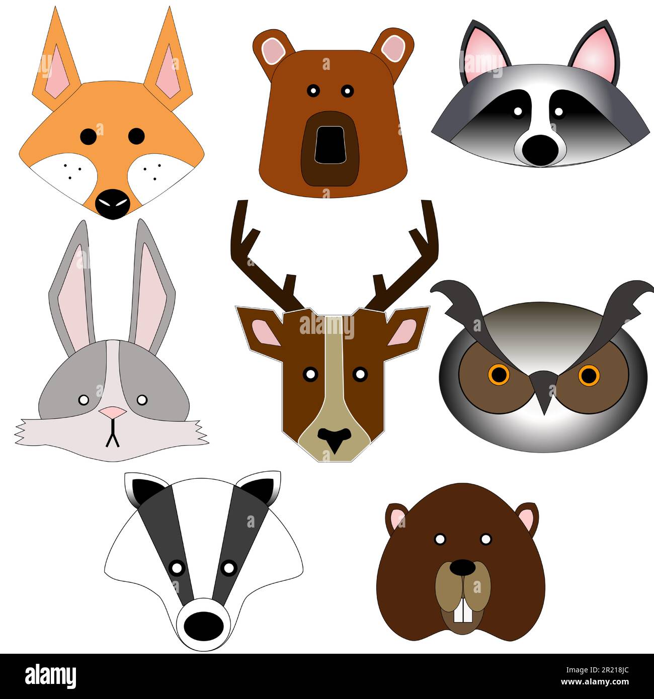 Set mit 8 Wäldern, Ikonen von Waldtieren. Vektor, süßer Fuchs, Waschbär, Bär, Kaninchen, Dachs, Eule, Hirsch, Biber, Köpfe. Stock Vektor