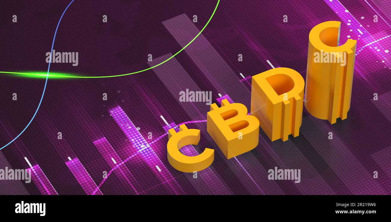 Zunehmendes CBDC-futuristisches digitales Geld auf lila Hintergrund, Kopierraum. Zentralbank Digitale Währung 3D Banner, Finanzinvestitionen Stockfoto