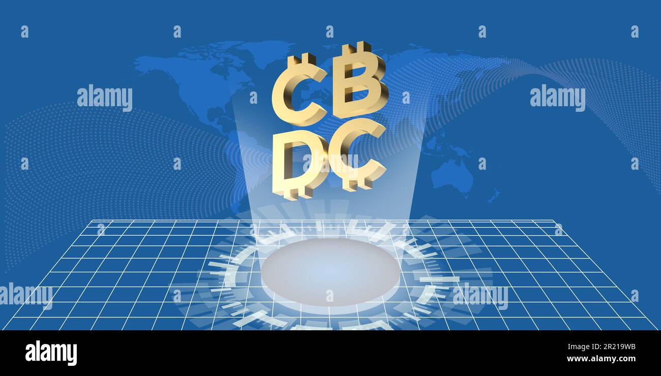 Golden CBDC futuristisches digitales Geld auf globalem blauem Hintergrund, Kopierbereich. Digitales Währungsbanner der Zentralbank für das Finanzinvestitionskonzept. Stockfoto