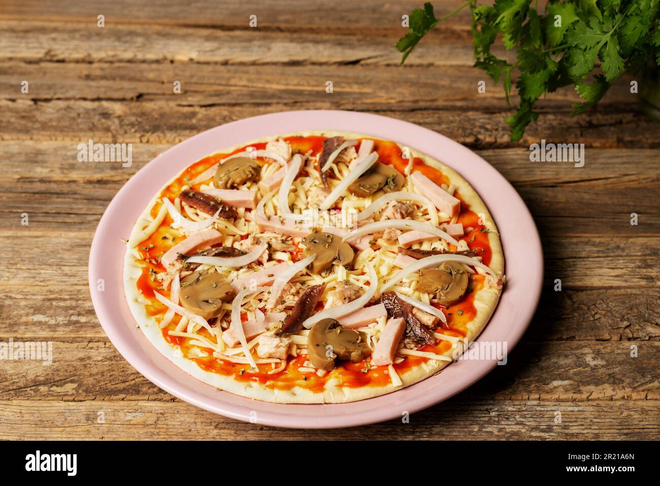 Teller mit einer zum Backen bereiten Pizza, mit Gemüse, Thunfisch, gekochtem Schinken und Sardellen. Stockfoto