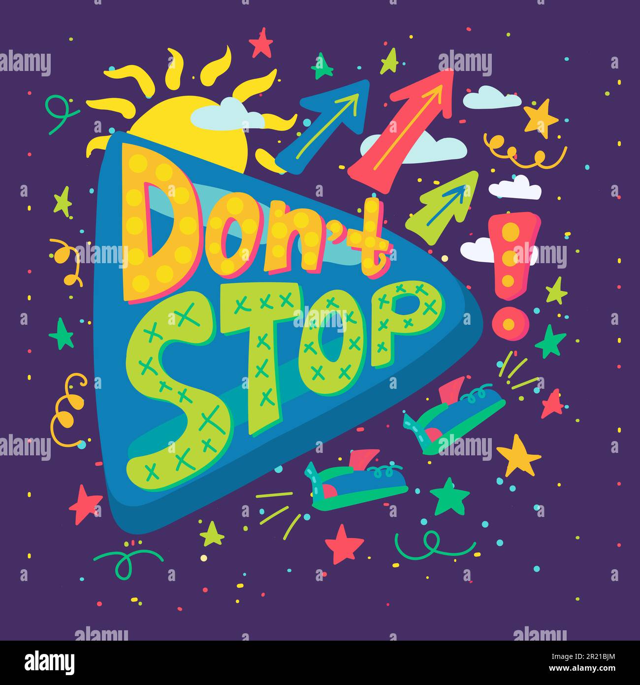 Don't stop Creativity“-Slogan-Vektor. Der Motivationsbrief schmückt Sonne  und Ausrufezeichen, wolkigen Nachthimmel mit Sternen und Fliegenschuhen.  Colo Stock-Vektorgrafik - Alamy