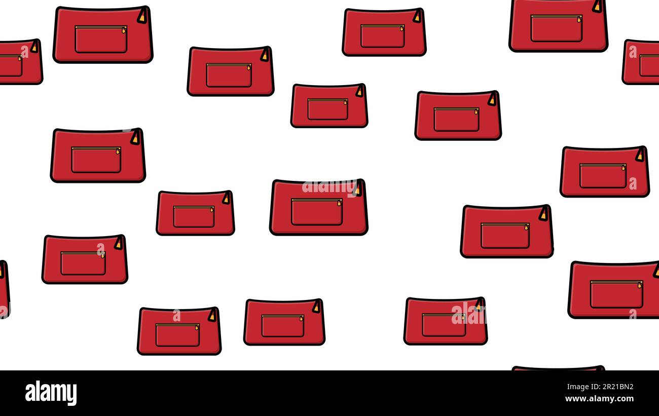 Endlose nahtlose Muster wunderschöner roter Kosmetikartikel aus Damenhandtaschen und Komfortkupplungen auf weißem Hintergrund. Vektorbeleuchtung Stock Vektor