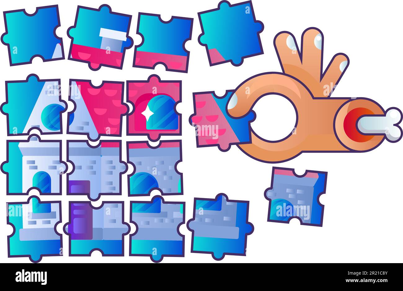 Immobilienbau Puzzle Puzzle Vector. Hand halten ein Brettspiel, spielen und sammeln Hausbild, Lösung finden. Spielerausbildung Stock Vektor