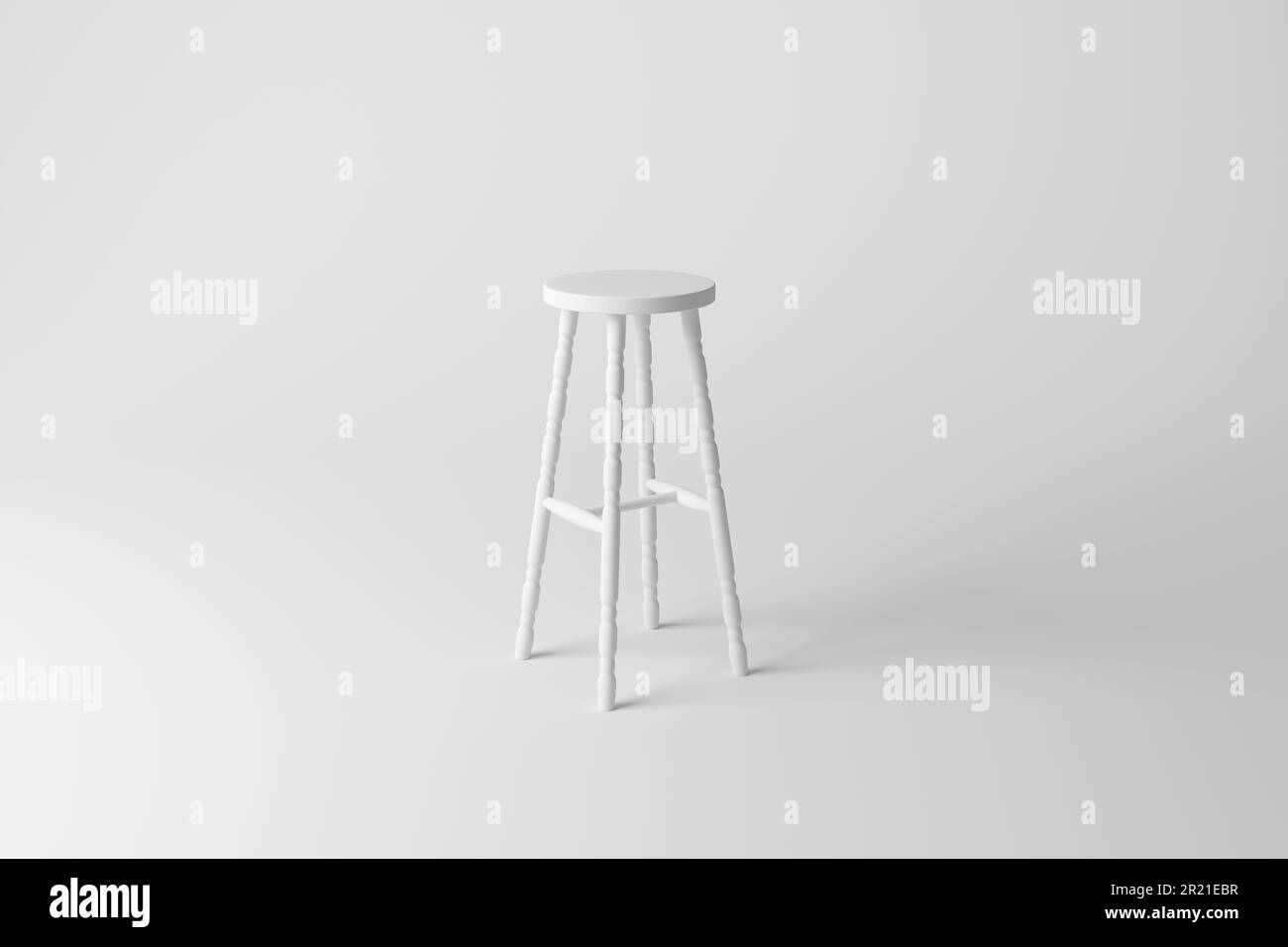 Weißer vierbeiniger Stuhl auf weißem Hintergrund mit einfarbigem Hintergrund. Darstellung als minimalistisches Innenraumdesign Stockfoto