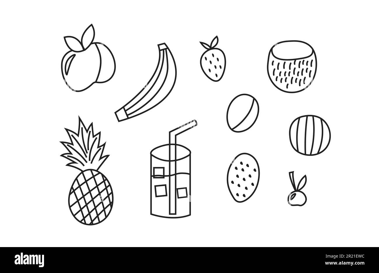 Set aus kritzeligen veganen Früchten im Cartoon-Stil. Lineare Strichzeichnungen handgezeichnete Früchte. Stock Vektor