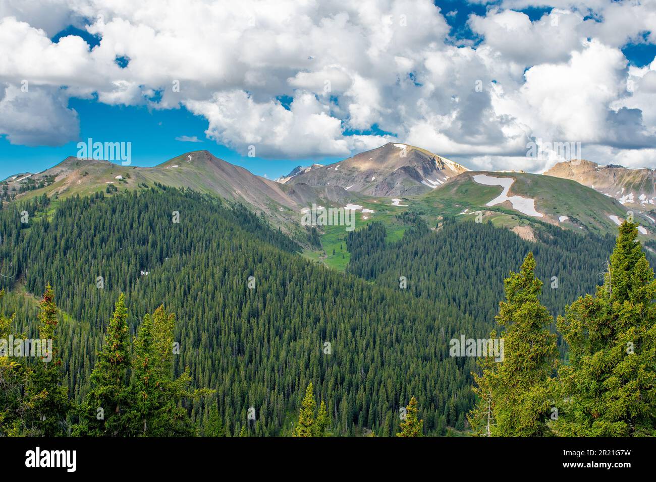 Die weite Wildnis und die Bergketten auf dem Weg zum Independence Pass in Colorado. Stockfoto